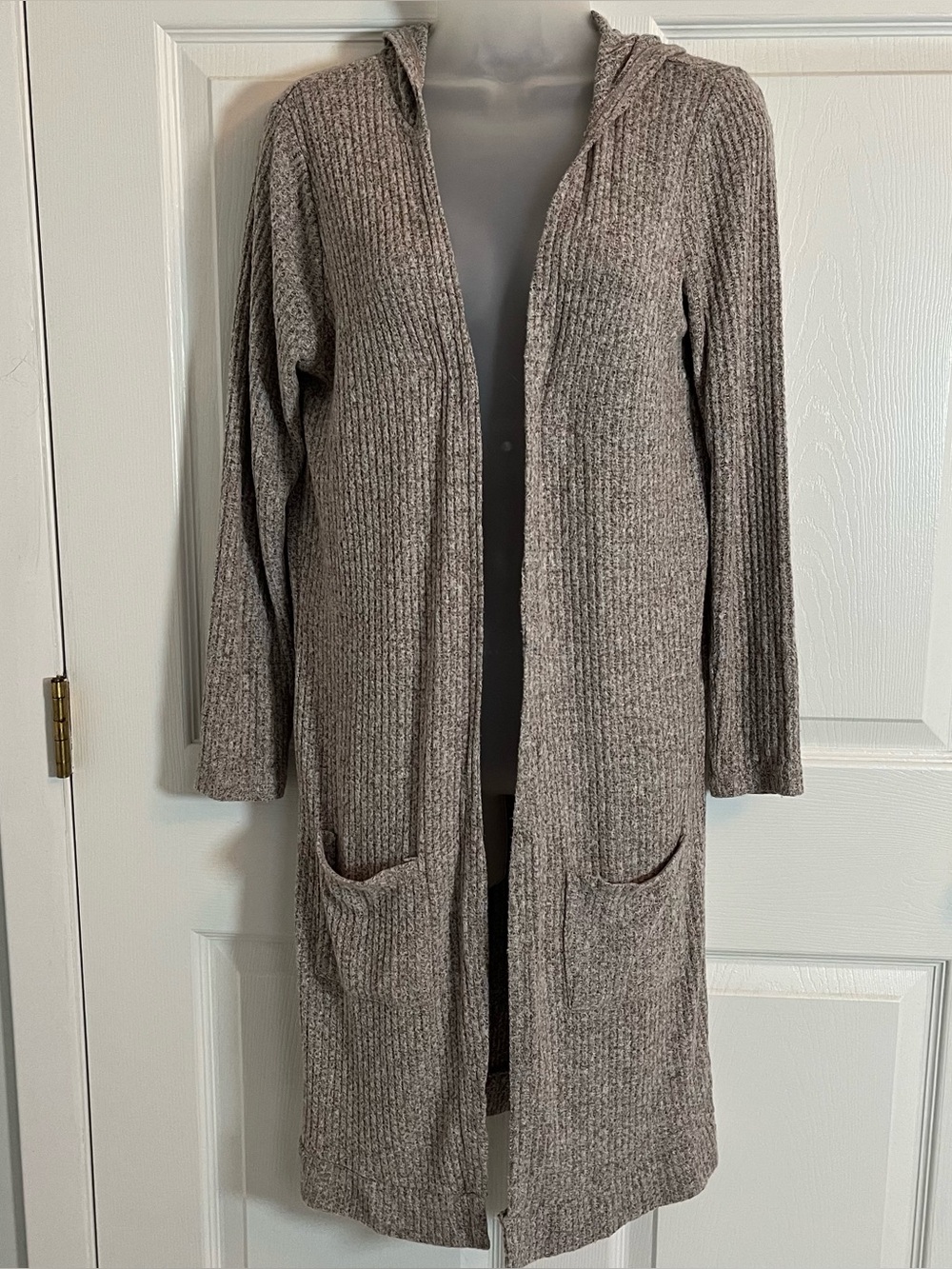 Market & Spruce Awhile Ribbed Knit Hooded Duster Cardigan Oatmeal Medium M